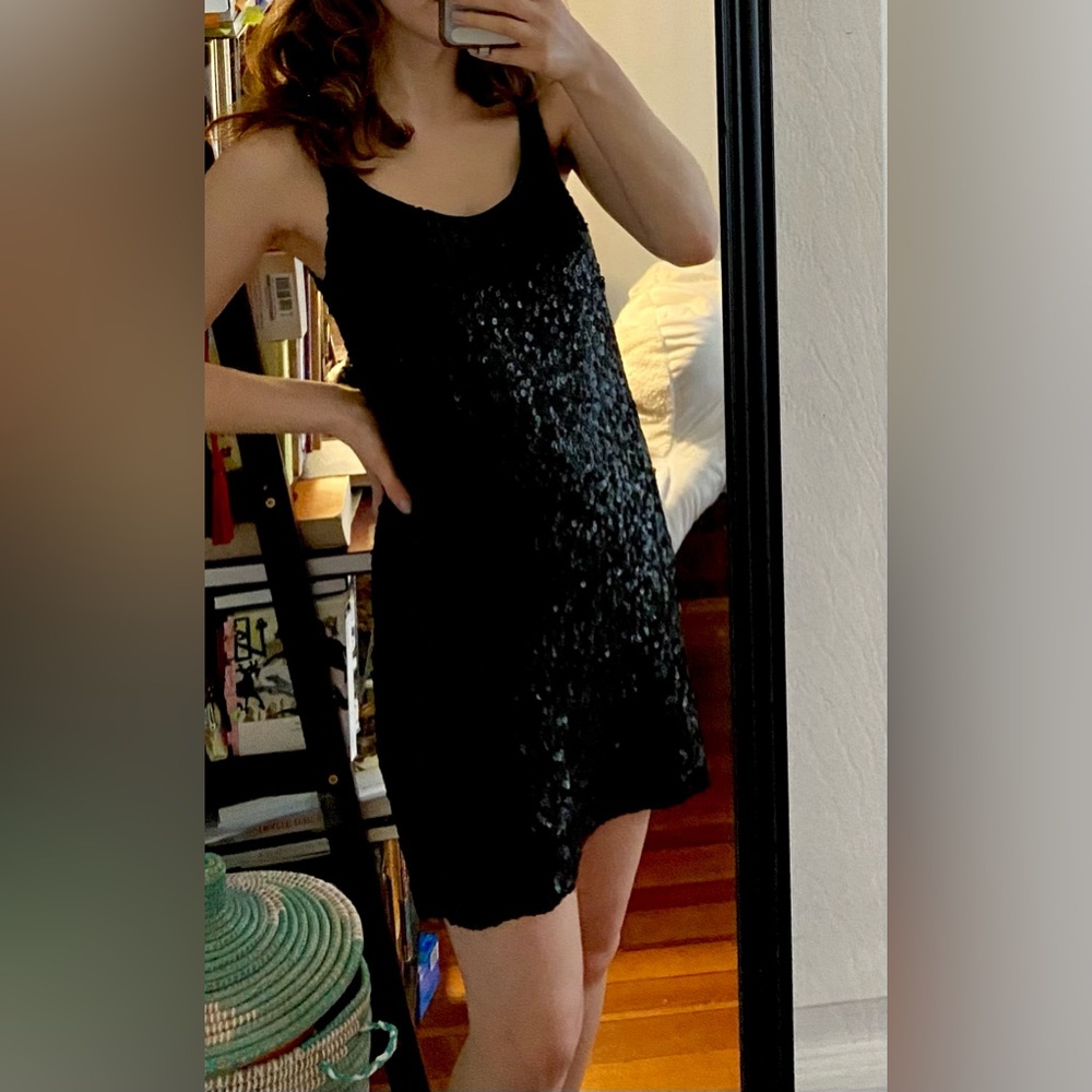 Theory Black Sequin Silk Cocktail Mini Dress